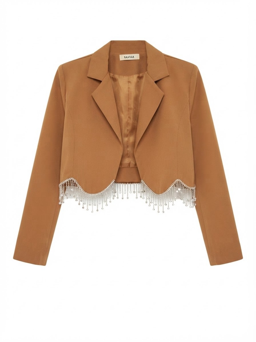 Disco Cowgirl Camel Brown Cropped Blazer Rhinestone Fringe Chain Open Front L